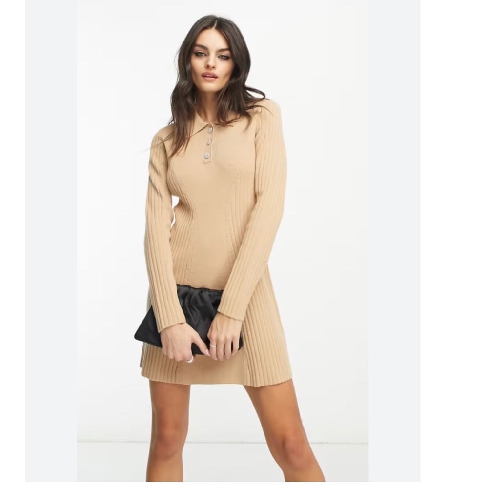 ATELIER & Other Stories Camel Ribbed‎ Knit Polo Collar Button Front Mini Dress M